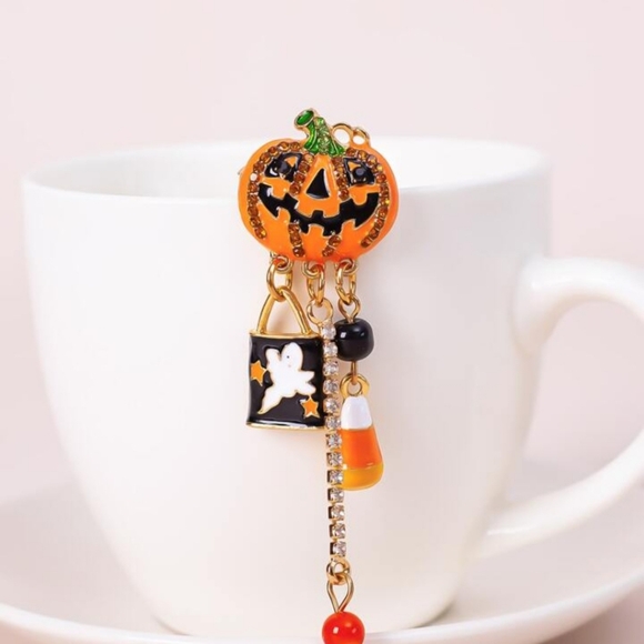 Pumpkin Halloween Ghost Candy Corn Jack-O-Lantern Rhinestone Crystal Brooch Pin - Picture 5 of 5